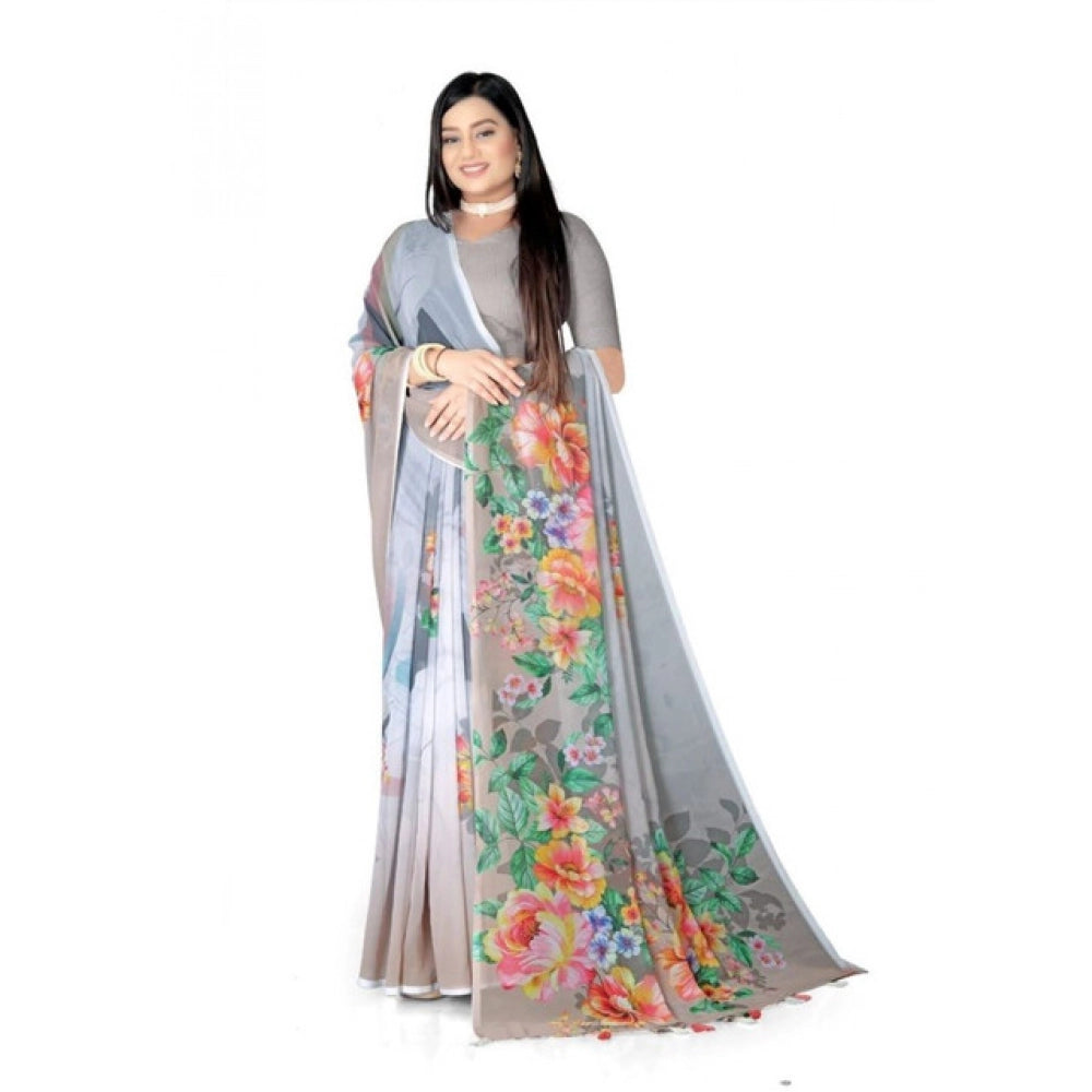 Snuggle Spot Women's Georgette Floral Printed Saree With Unstitched Blouse 5.5Mtr (Grey)
