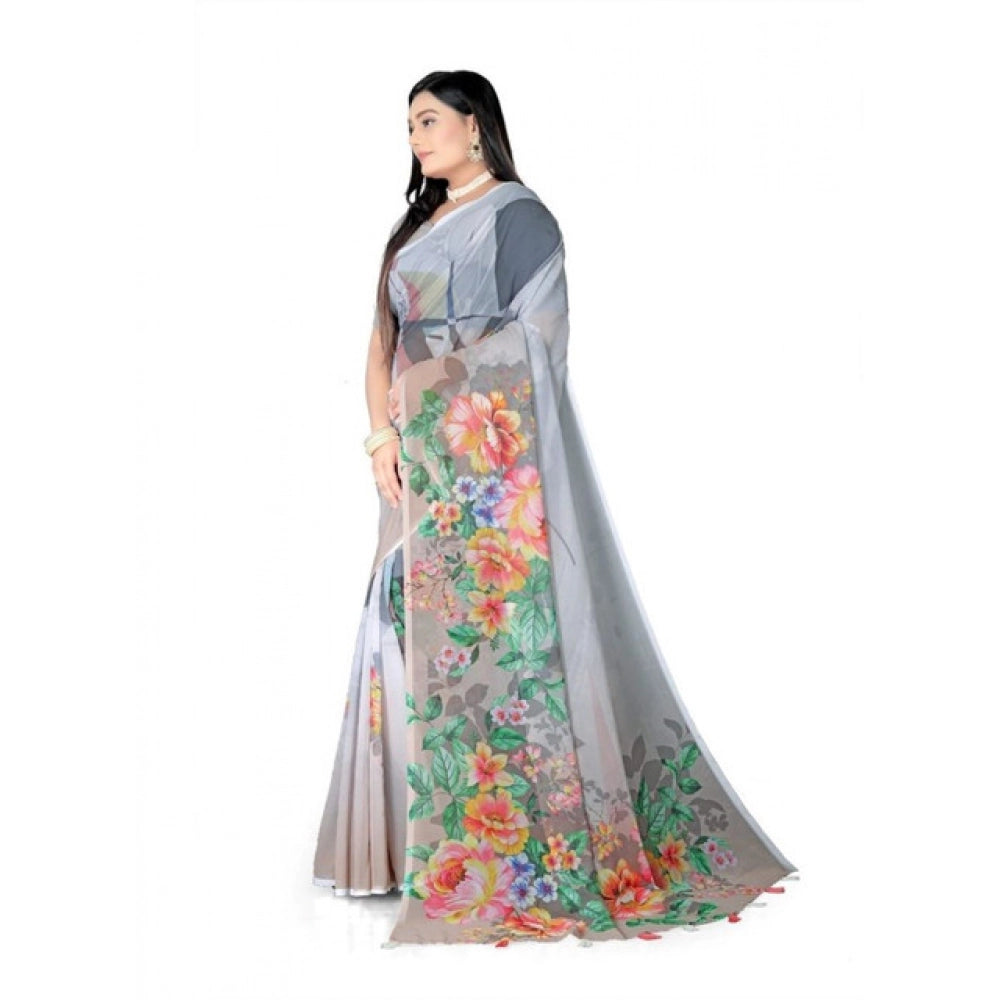 Snuggle Spot Women's Georgette Floral Printed Saree With Unstitched Blouse 5.5Mtr (Grey)