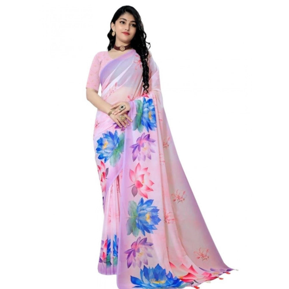 Snuggle Spot Women's Georgette Floral Printed Saree With Unstitched Blouse 5.5Mtr (Light Pink)