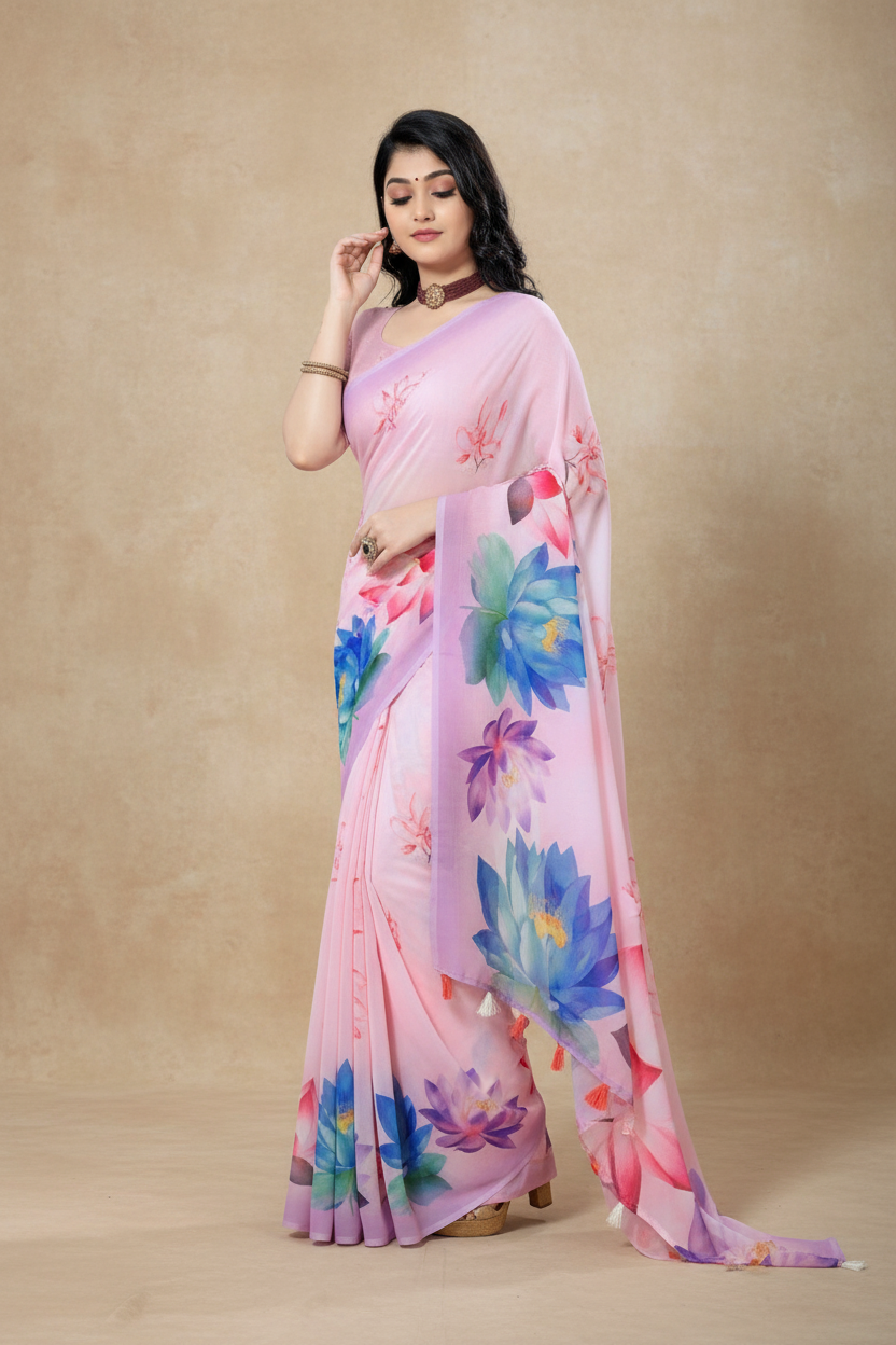 Snuggle Spot Women's Georgette Floral Printed Saree With Unstitched Blouse 5.5Mtr (Light Pink)