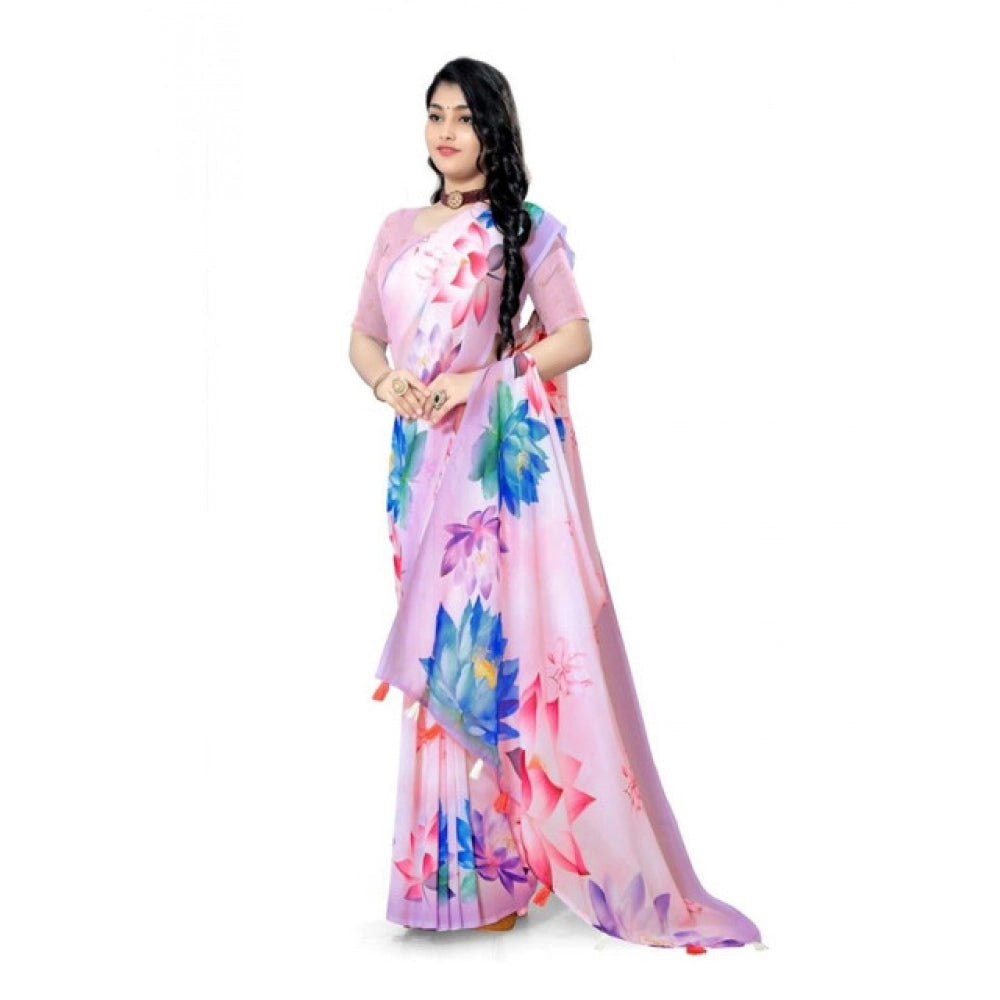 Snuggle Spot Women's Georgette Floral Printed Saree With Unstitched Blouse 5.5Mtr (Light Pink)