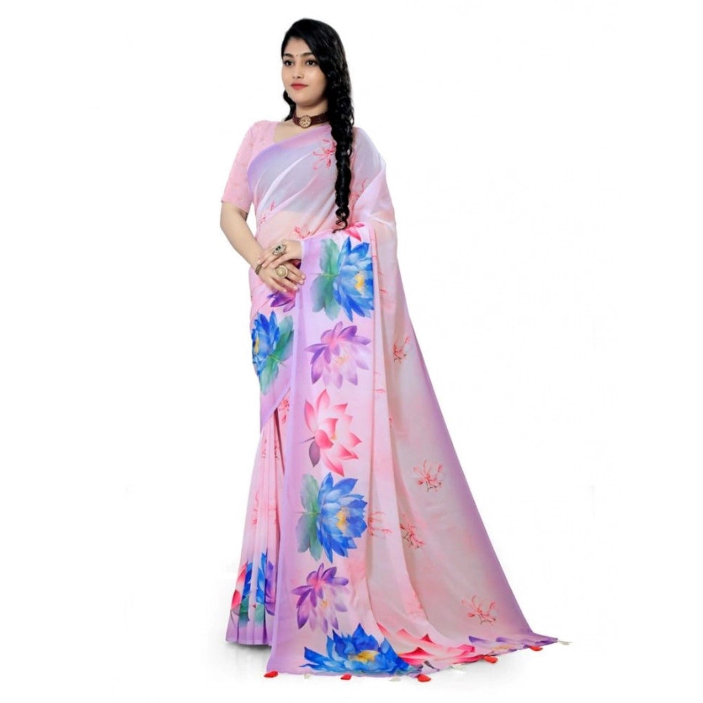 Snuggle Spot Women's Georgette Floral Printed Saree With Unstitched Blouse 5.5Mtr (Light Pink)