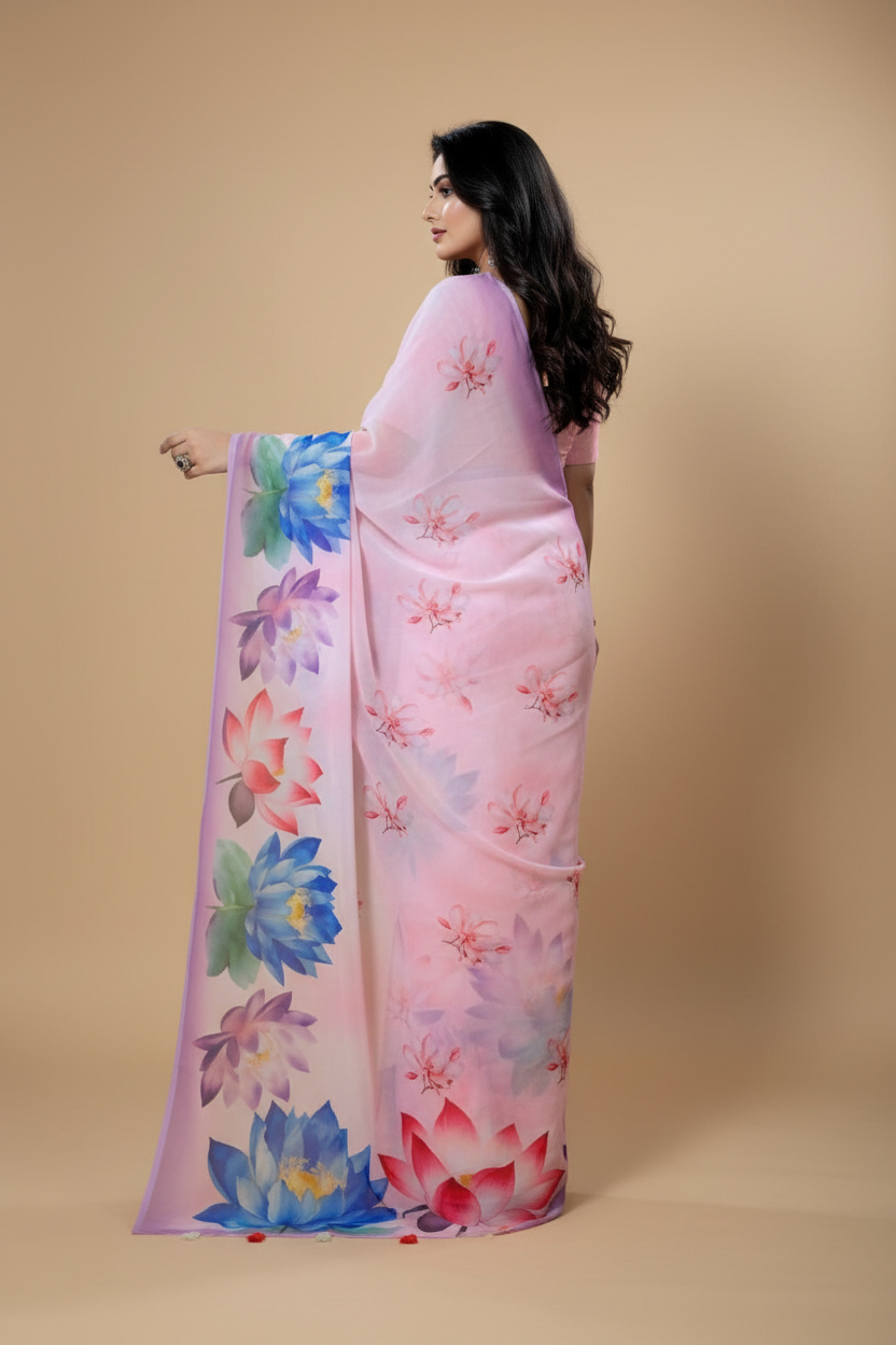 Snuggle Spot Women's Georgette Floral Printed Saree With Unstitched Blouse 5.5Mtr (Light Pink)