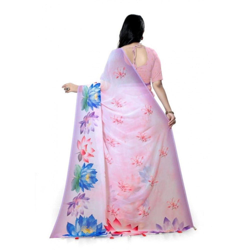 Snuggle Spot Women's Georgette Floral Printed Saree With Unstitched Blouse 5.5Mtr (Light Pink)