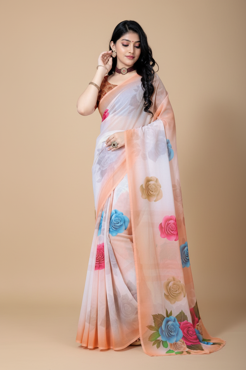 Snuggle Spot Women's Georgette Floral Printed Saree With Unstitched Blouse 5.5Mtr (Orange)