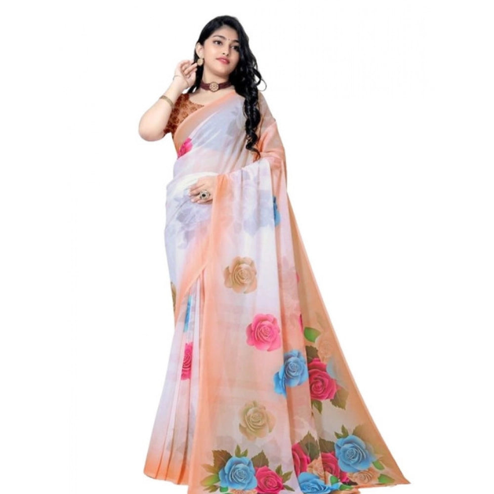 Snuggle Spot Women's Georgette Floral Printed Saree With Unstitched Blouse 5.5Mtr (Orange)