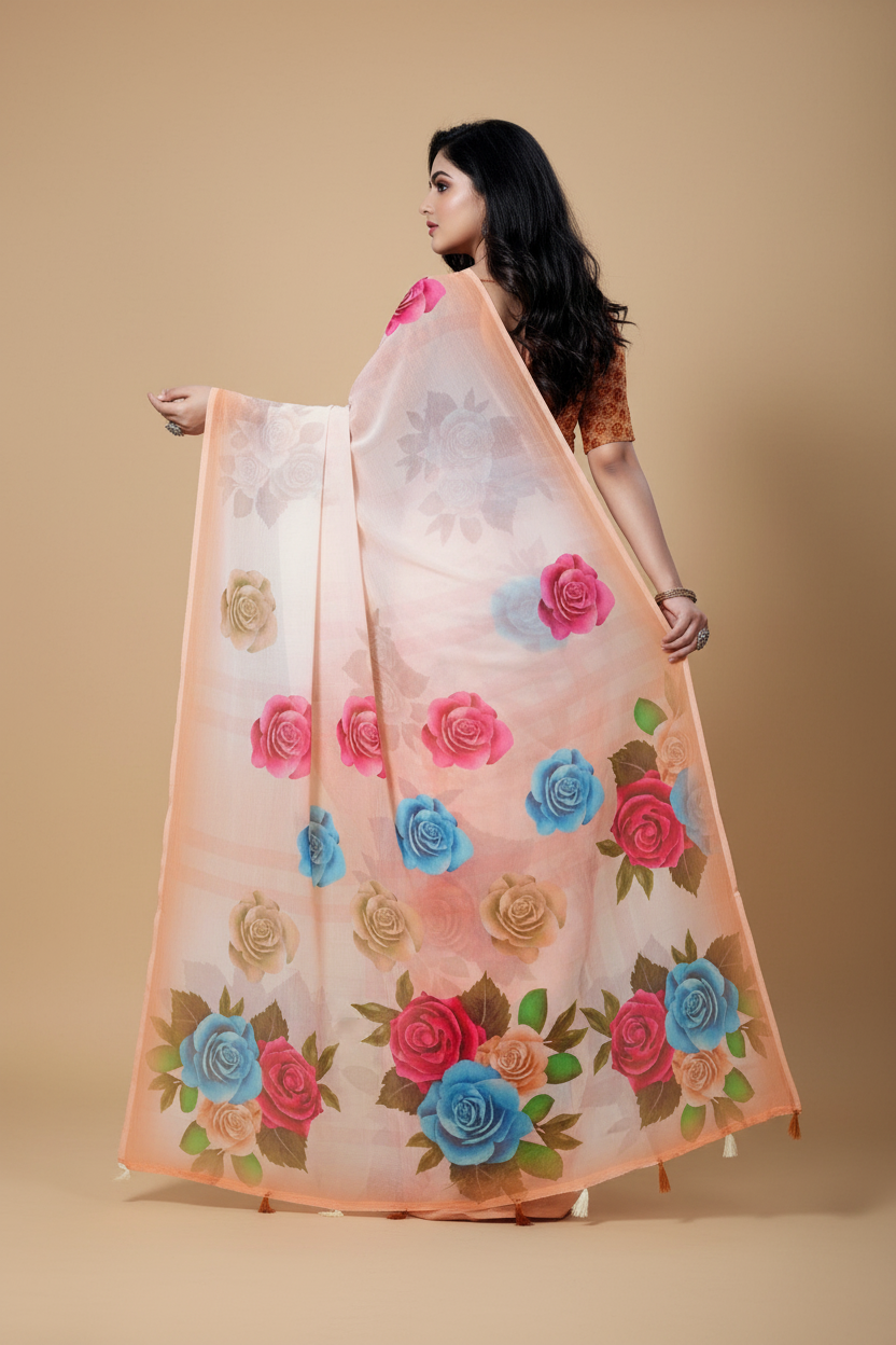 Snuggle Spot Women's Georgette Floral Printed Saree With Unstitched Blouse 5.5Mtr (Orange)