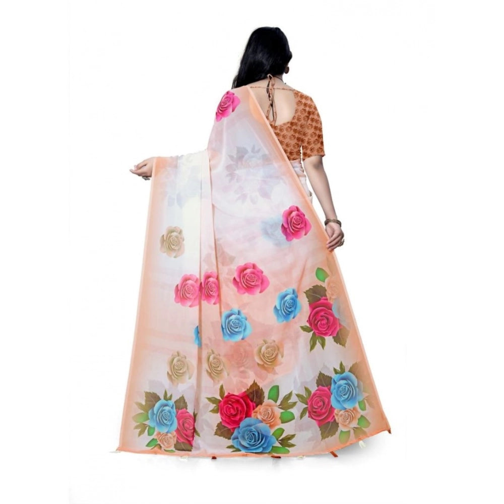 Snuggle Spot Women's Georgette Floral Printed Saree With Unstitched Blouse 5.5Mtr (Orange)