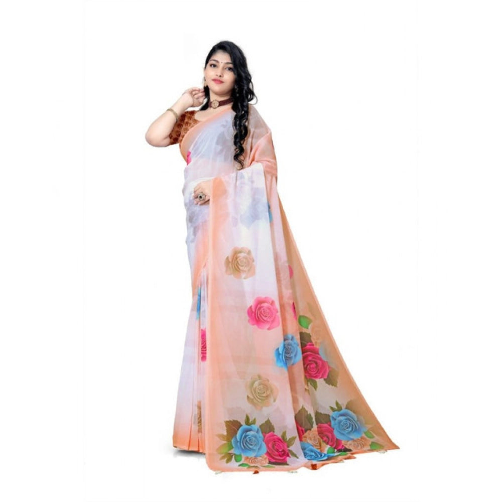 Snuggle Spot Women's Georgette Floral Printed Saree With Unstitched Blouse 5.5Mtr (Orange)