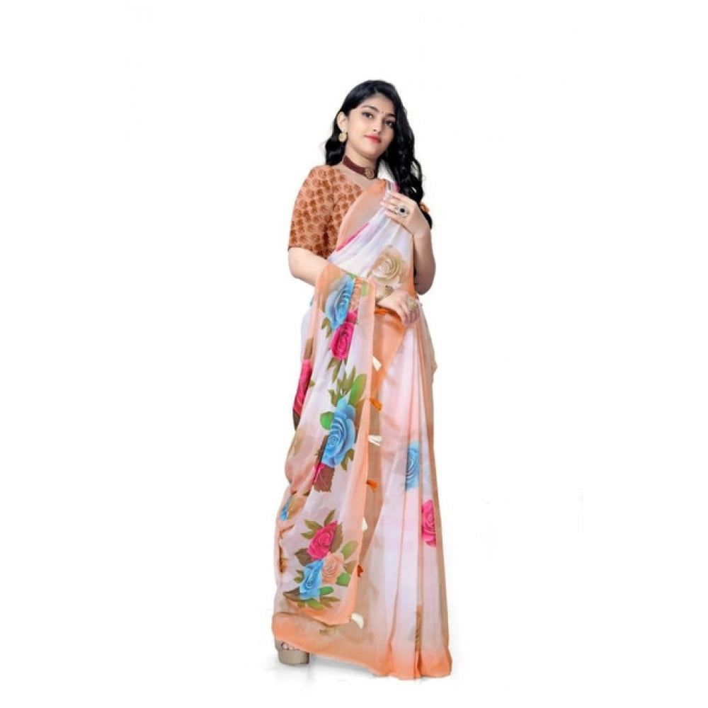 Snuggle Spot Women's Georgette Floral Printed Saree With Unstitched Blouse 5.5Mtr (Orange)