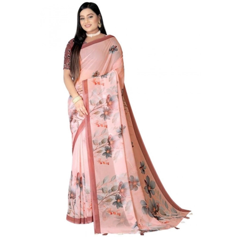 Snuggle Spot Women's Georgette Floral Printed Saree With Unstitched Blouse 5.5Mtr (Peach)