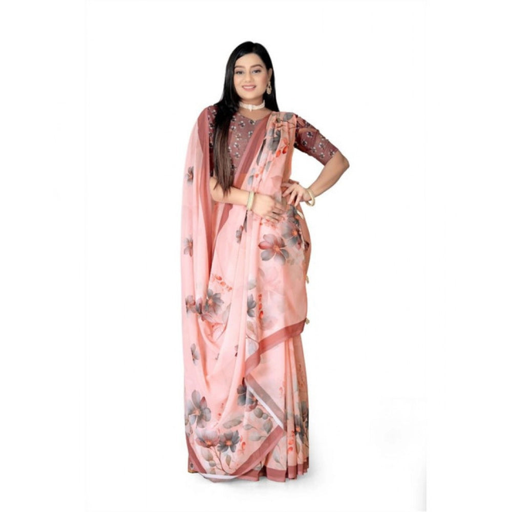 Snuggle Spot Women's Georgette Floral Printed Saree With Unstitched Blouse 5.5Mtr (Peach)