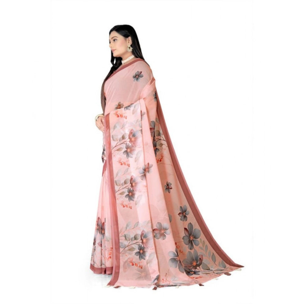 Snuggle Spot Women's Georgette Floral Printed Saree With Unstitched Blouse 5.5Mtr (Peach)