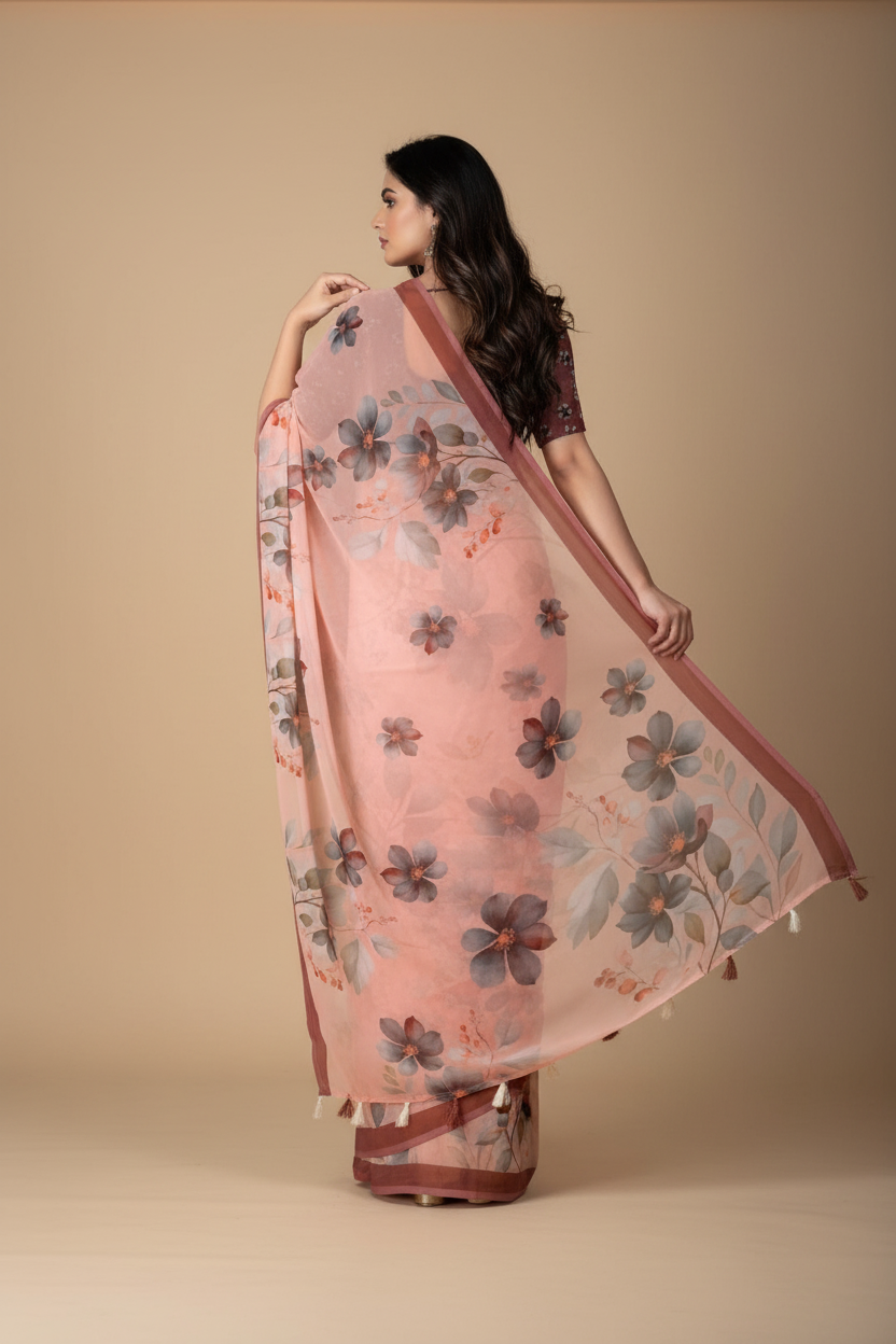 Snuggle Spot Women's Georgette Floral Printed Saree With Unstitched Blouse 5.5Mtr (Peach)