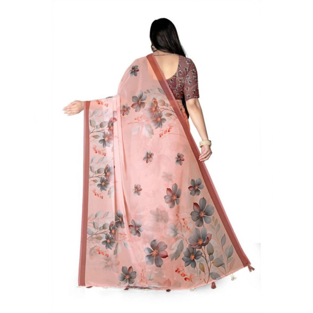Snuggle Spot Women's Georgette Floral Printed Saree With Unstitched Blouse 5.5Mtr (Peach)