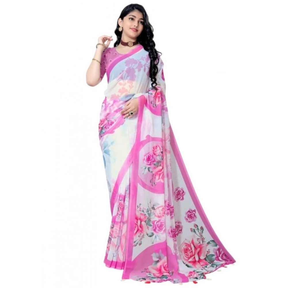 Snuggle Spot Women's Georgette Floral Printed Saree With Unstitched Blouse 5.5Mtr (Pink)