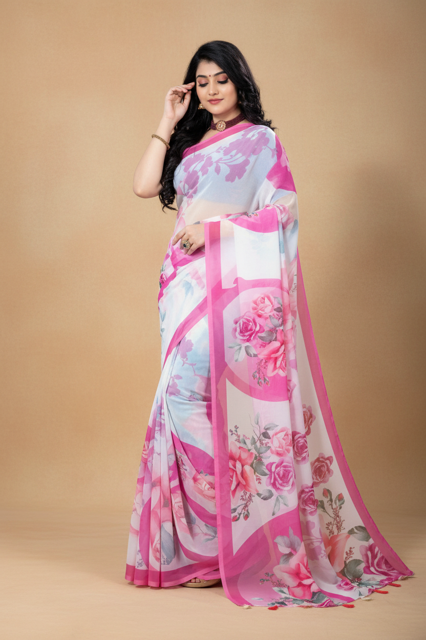 Snuggle Spot Women's Georgette Floral Printed Saree With Unstitched Blouse 5.5Mtr (Pink)