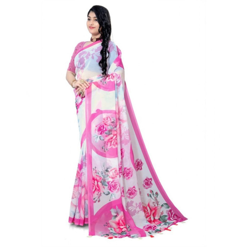 Snuggle Spot Women's Georgette Floral Printed Saree With Unstitched Blouse 5.5Mtr (Pink)