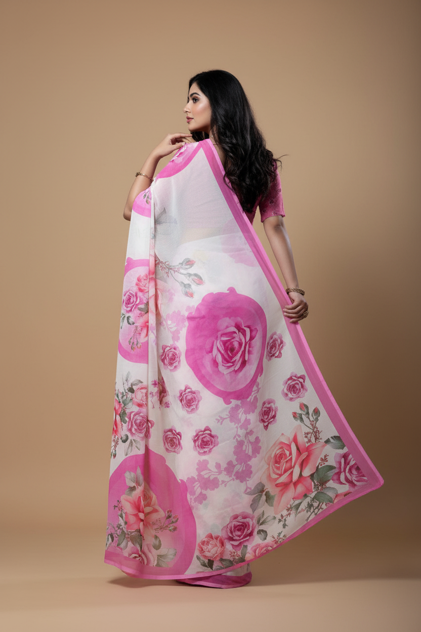 Snuggle Spot Women's Georgette Floral Printed Saree With Unstitched Blouse 5.5Mtr (Pink)