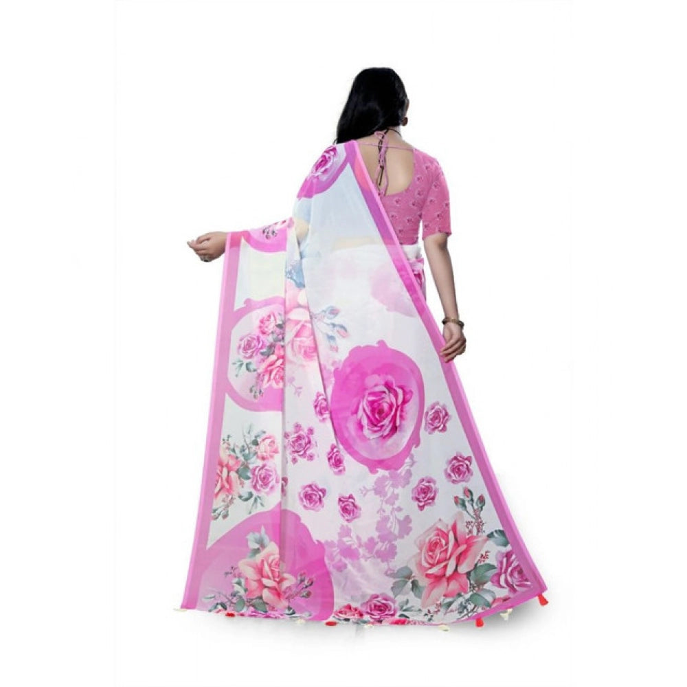 Snuggle Spot Women's Georgette Floral Printed Saree With Unstitched Blouse 5.5Mtr (Pink)