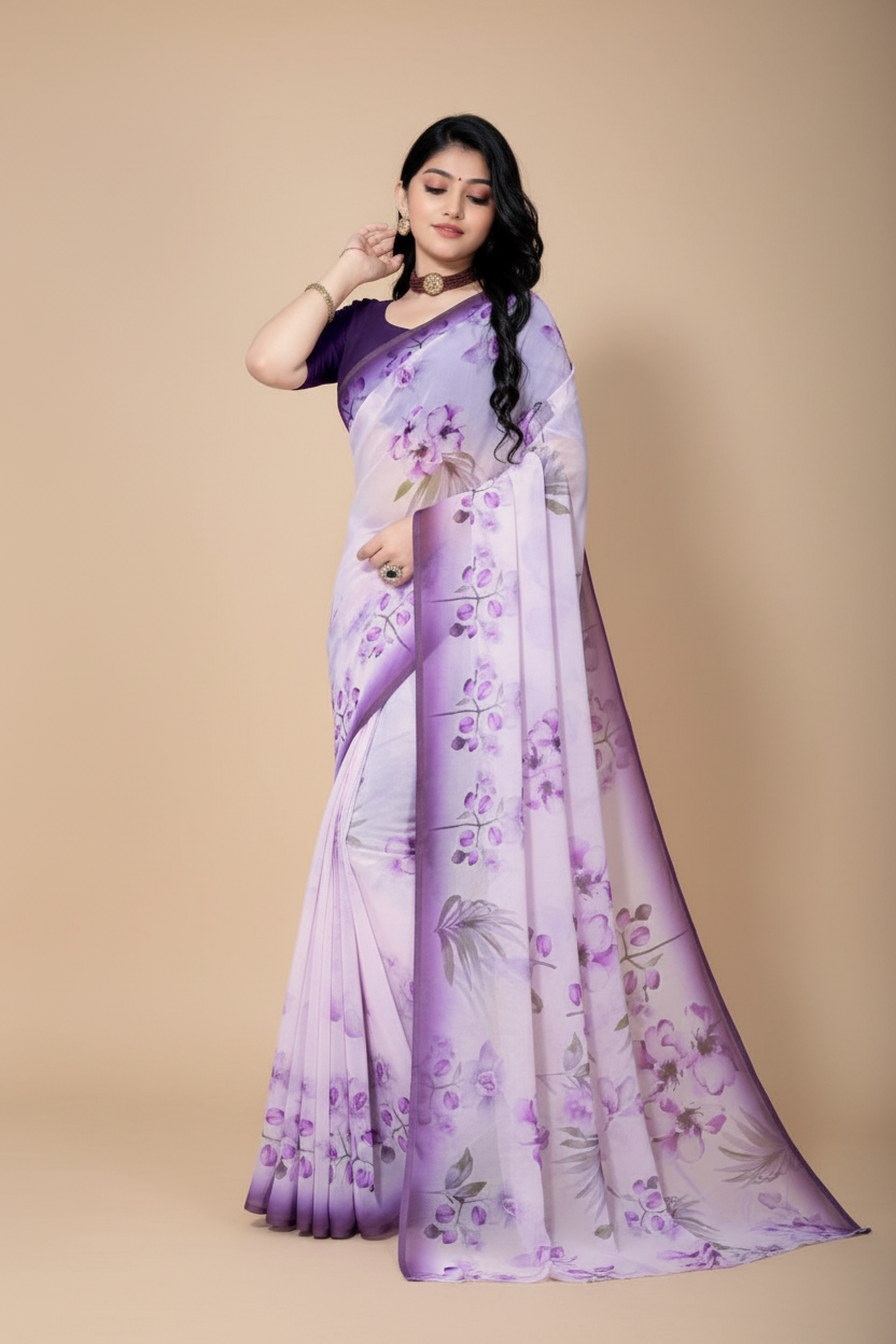 Snuggle Spot Women's Georgette Floral Printed Saree With Unstitched Blouse 5.5Mtr (Purple)