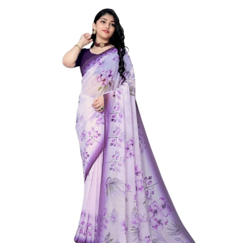Snuggle Spot Women's Georgette Floral Printed Saree With Unstitched Blouse 5.5Mtr (Purple)