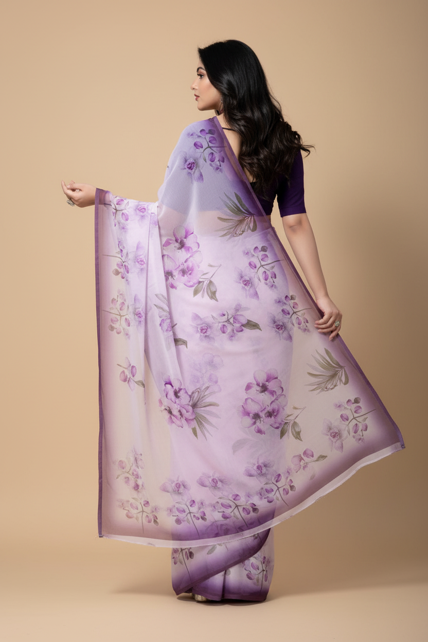 Snuggle Spot Women's Georgette Floral Printed Saree With Unstitched Blouse 5.5Mtr (Purple)