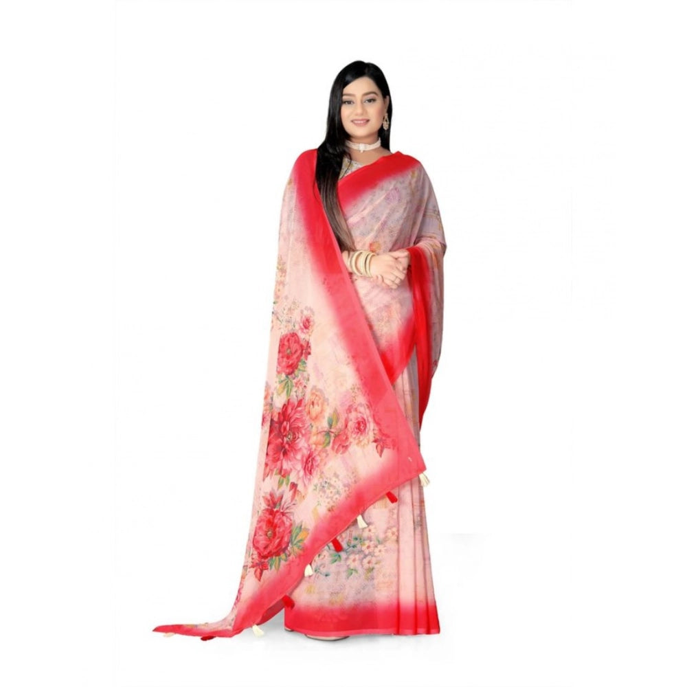 Snuggle Spot Women's Georgette Floral Printed Saree With Unstitched Blouse 5.5Mtr (Red)