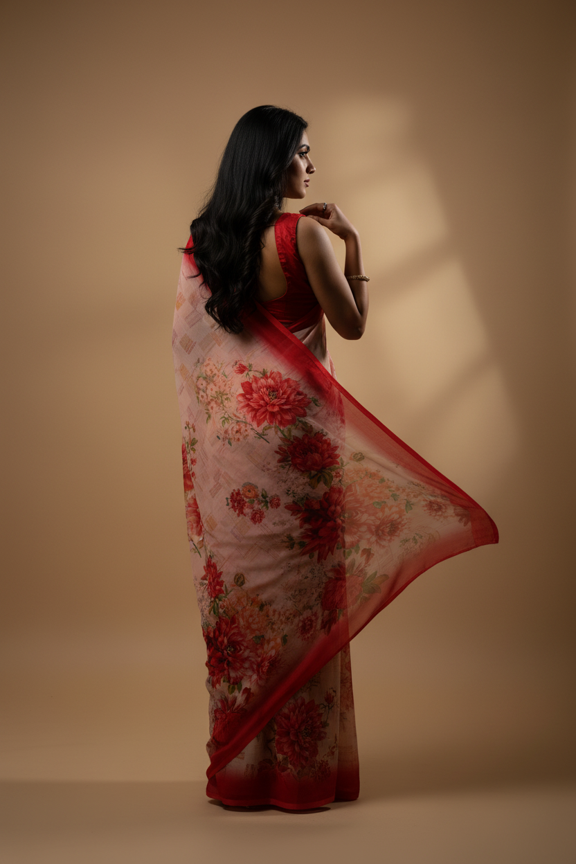 Snuggle Spot Women's Georgette Floral Printed Saree With Unstitched Blouse 5.5Mtr (Red)