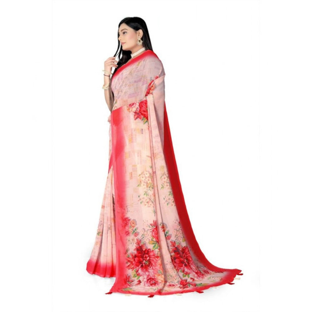 Snuggle Spot Women's Georgette Floral Printed Saree With Unstitched Blouse 5.5Mtr (Red)