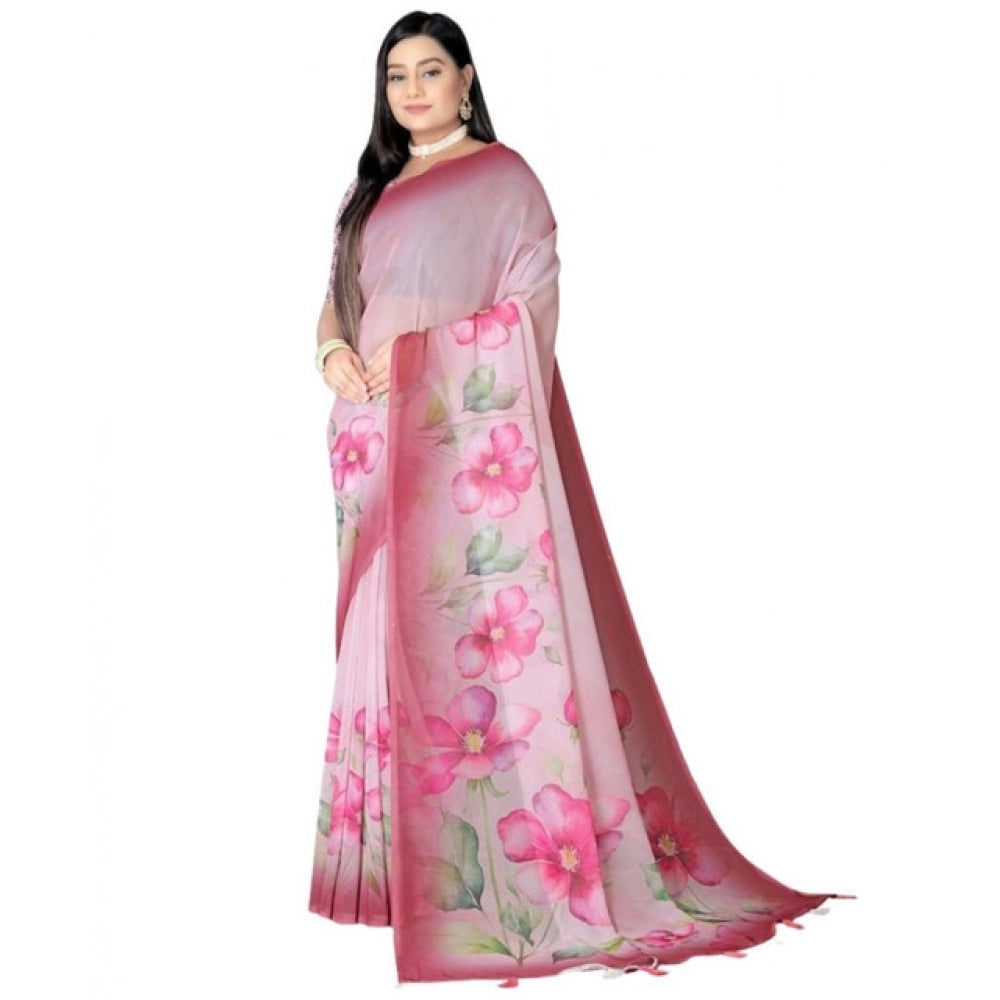 Snuggle Spot Women's Georgette Floral Printed Saree With Unstitched Blouse 5.5Mtr (Rose Pink)