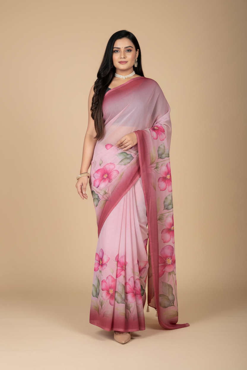 Snuggle Spot Women's Georgette Floral Printed Saree With Unstitched Blouse 5.5Mtr (Rose Pink)