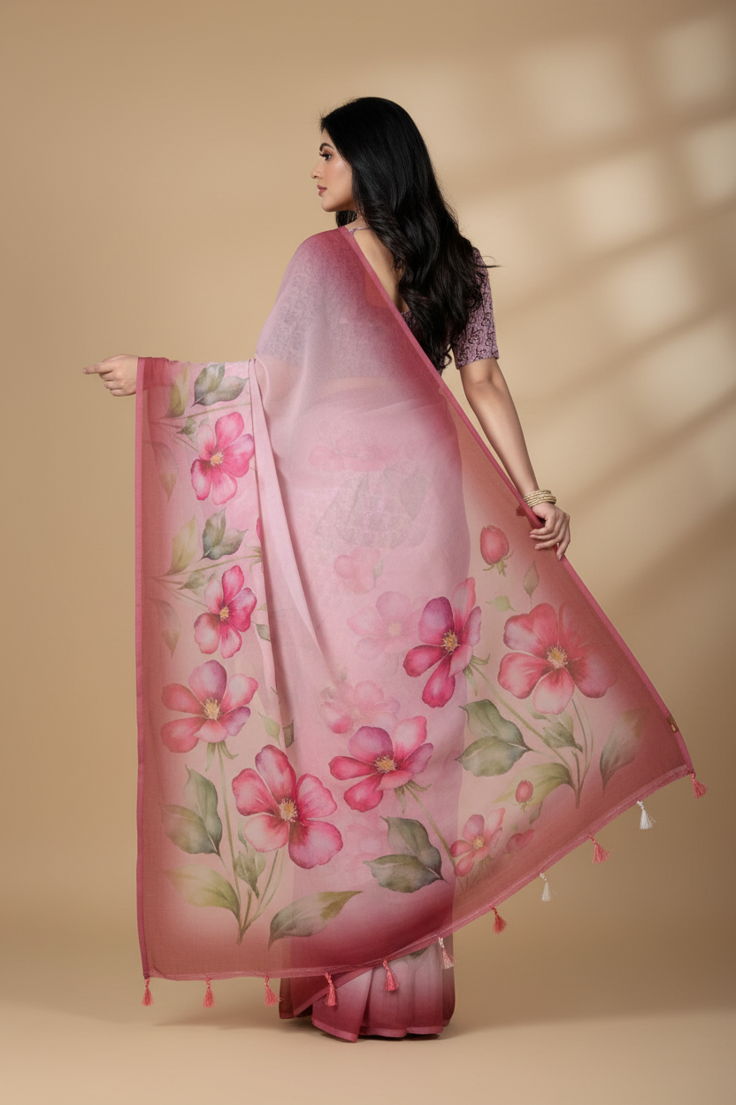 Snuggle Spot Women's Georgette Floral Printed Saree With Unstitched Blouse 5.5Mtr (Rose Pink)