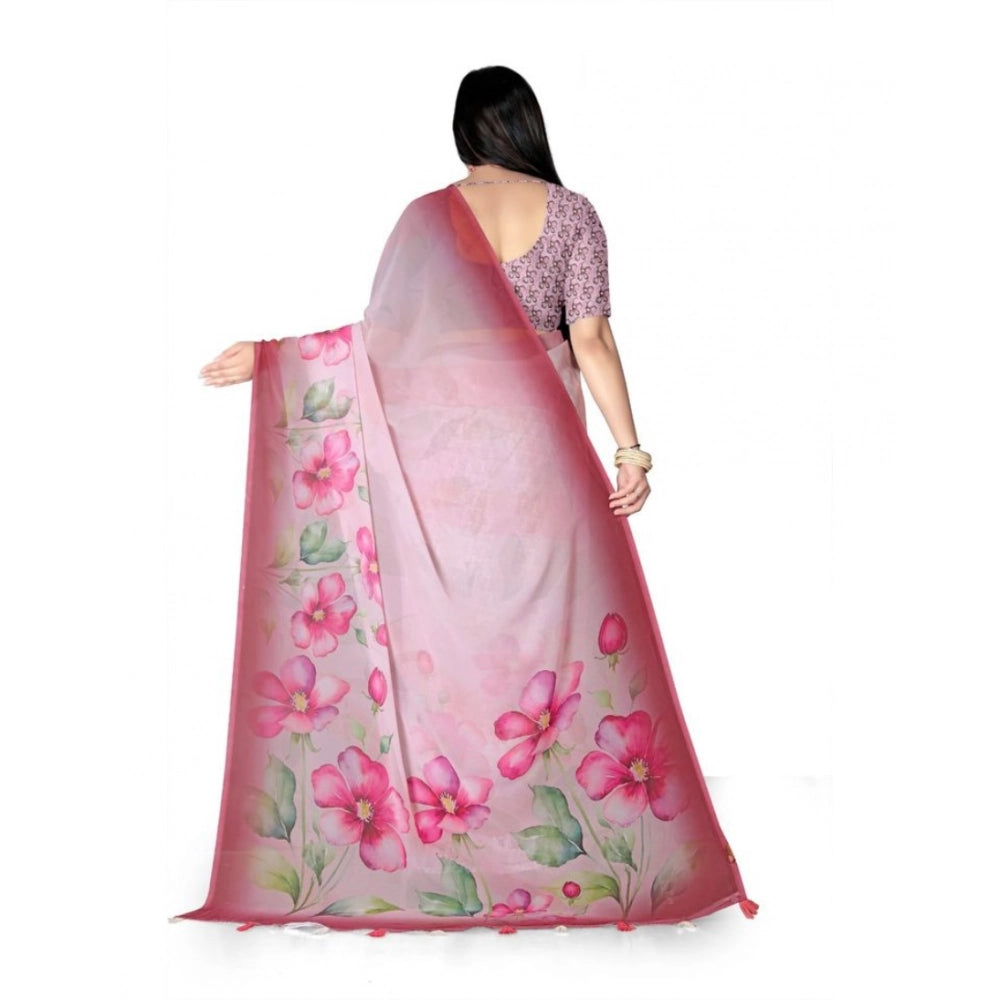 Snuggle Spot Women's Georgette Floral Printed Saree With Unstitched Blouse 5.5Mtr (Rose Pink)