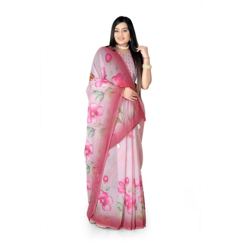 Snuggle Spot Women's Georgette Floral Printed Saree With Unstitched Blouse 5.5Mtr (Rose Pink)
