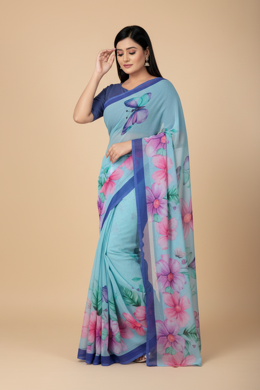 Snuggle Spot Women's Georgette Floral Printed Saree With Unstitched Blouse 5.5Mtr (Blue)