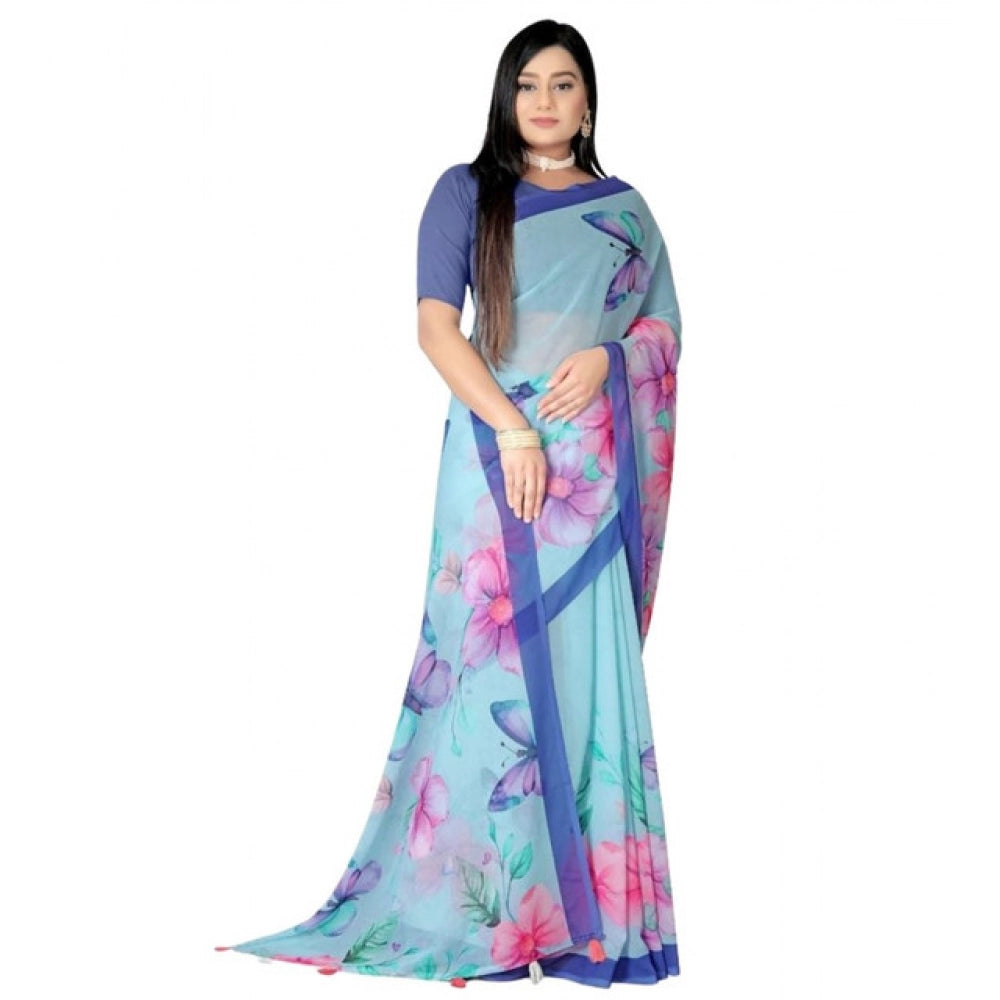 Snuggle Spot Women's Georgette Floral Printed Saree With Unstitched Blouse 5.5Mtr (Blue)