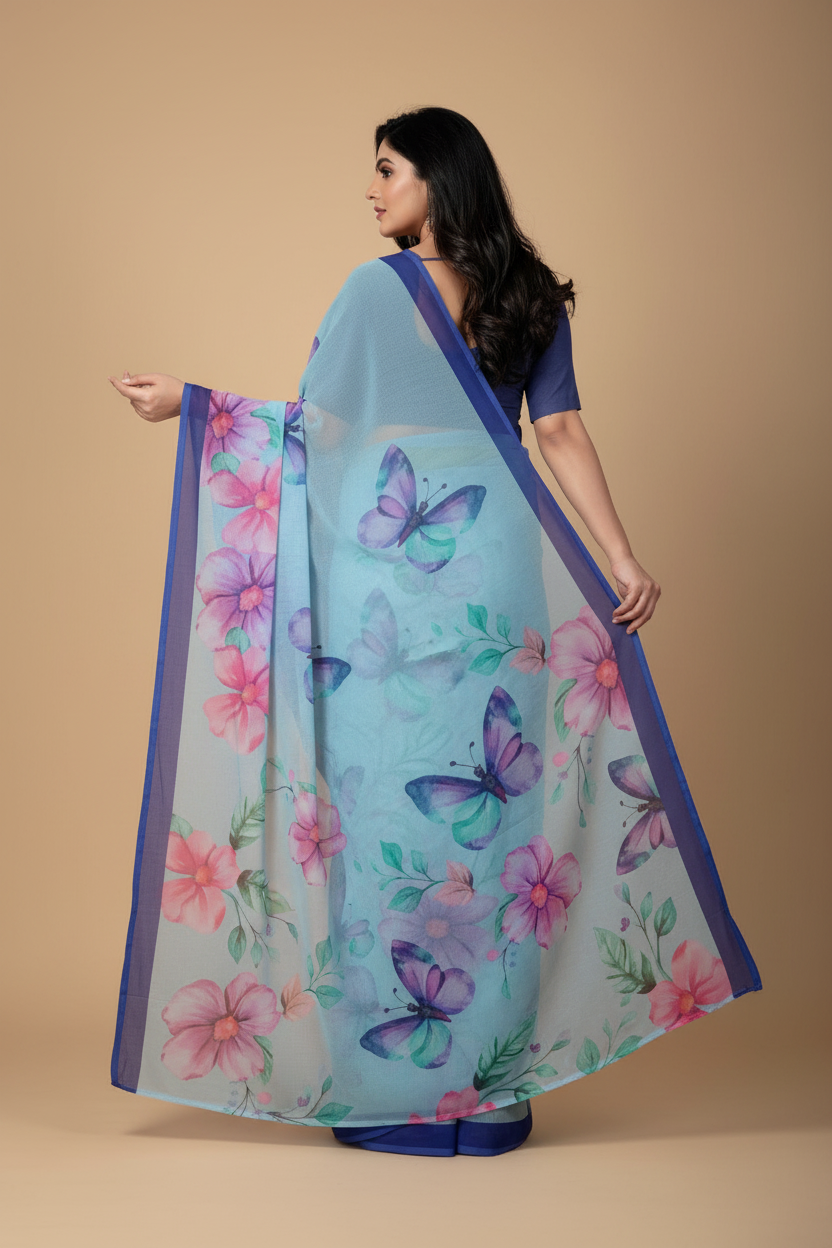 Snuggle Spot Women's Georgette Floral Printed Saree With Unstitched Blouse 5.5Mtr (Blue)