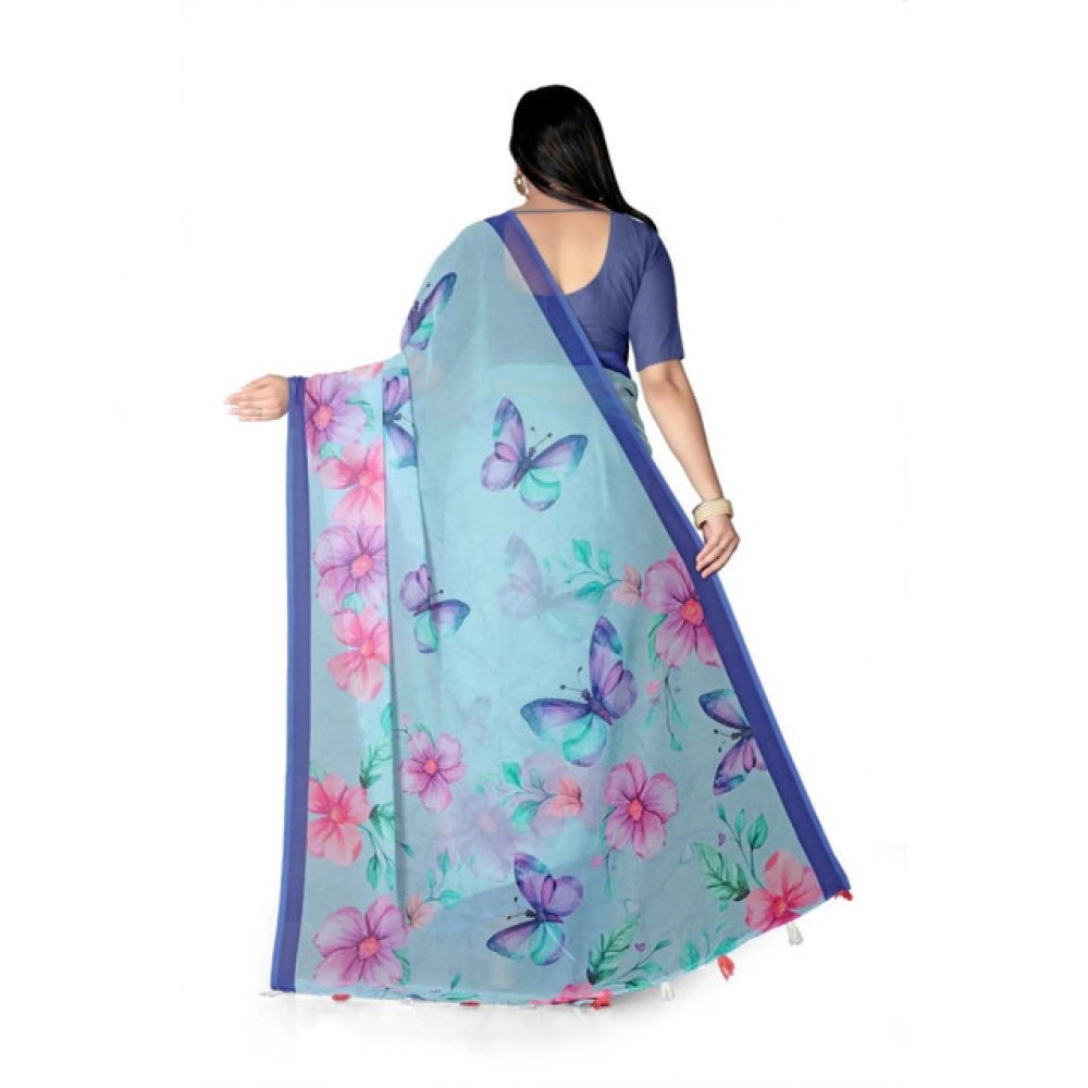 Snuggle Spot Women's Georgette Floral Printed Saree With Unstitched Blouse 5.5Mtr (Blue)