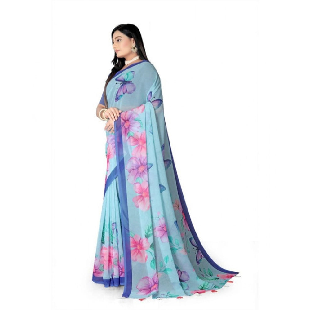 Snuggle Spot Women's Georgette Floral Printed Saree With Unstitched Blouse 5.5Mtr (Blue)