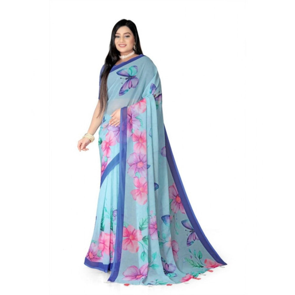 Snuggle Spot Women's Georgette Floral Printed Saree With Unstitched Blouse 5.5Mtr (Blue)