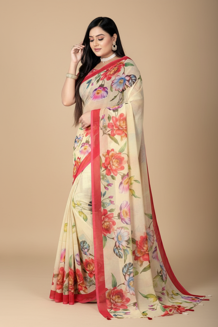Snuggle Spot Women's Georgette Floral Printed Saree With Unstitched Blouse 5.5Mtr (Yellow)