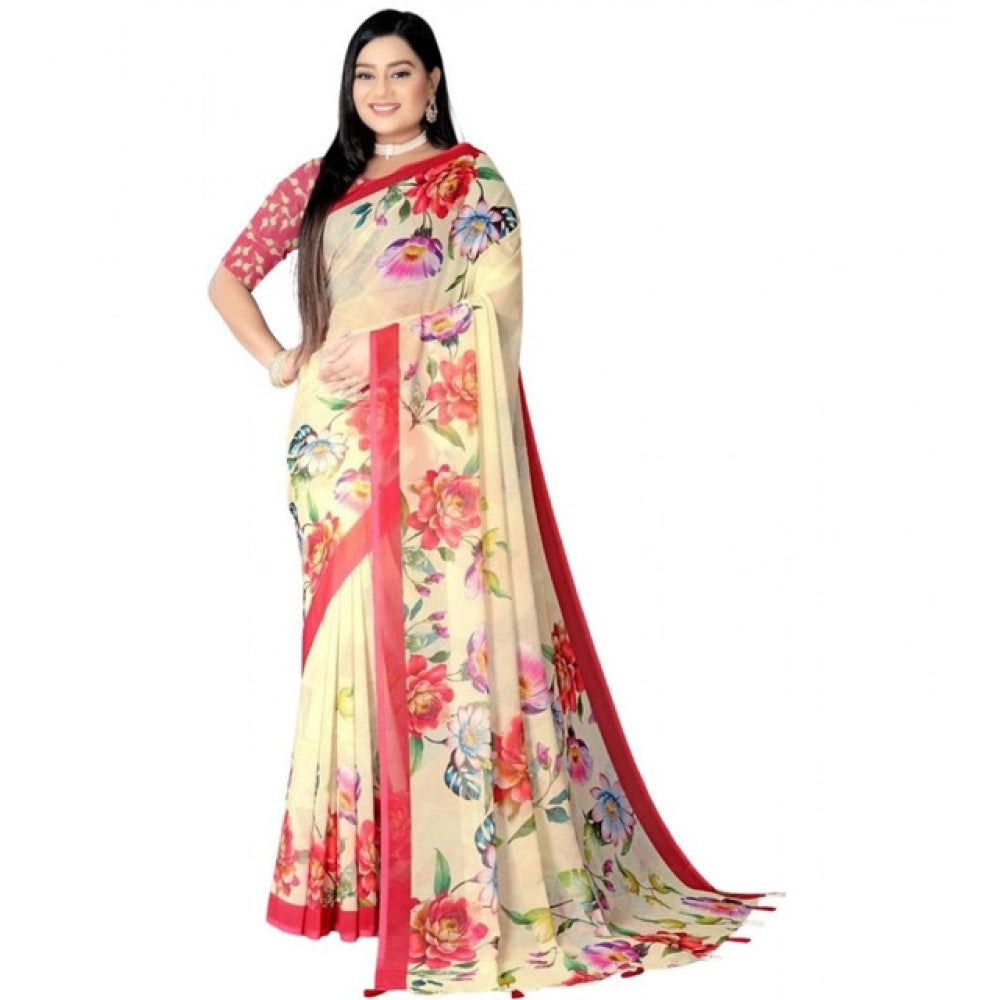 Snuggle Spot Women's Georgette Floral Printed Saree With Unstitched Blouse 5.5Mtr (Yellow)