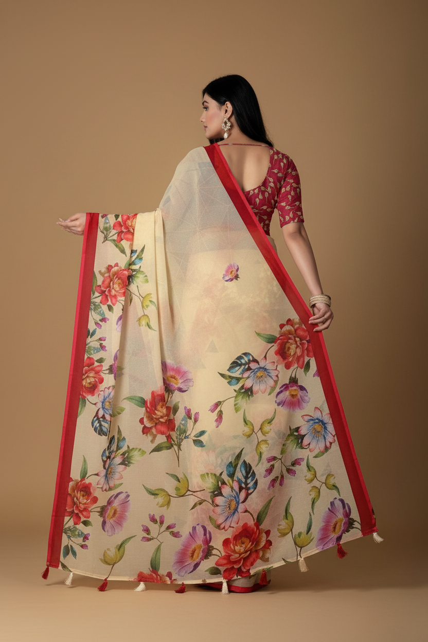 Snuggle Spot Women's Georgette Floral Printed Saree With Unstitched Blouse 5.5Mtr (Yellow)