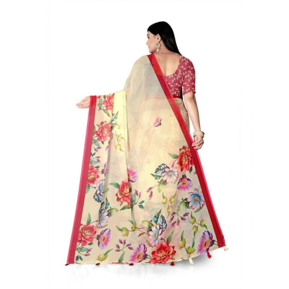 Snuggle Spot Women's Georgette Floral Printed Saree With Unstitched Blouse 5.5Mtr (Yellow)