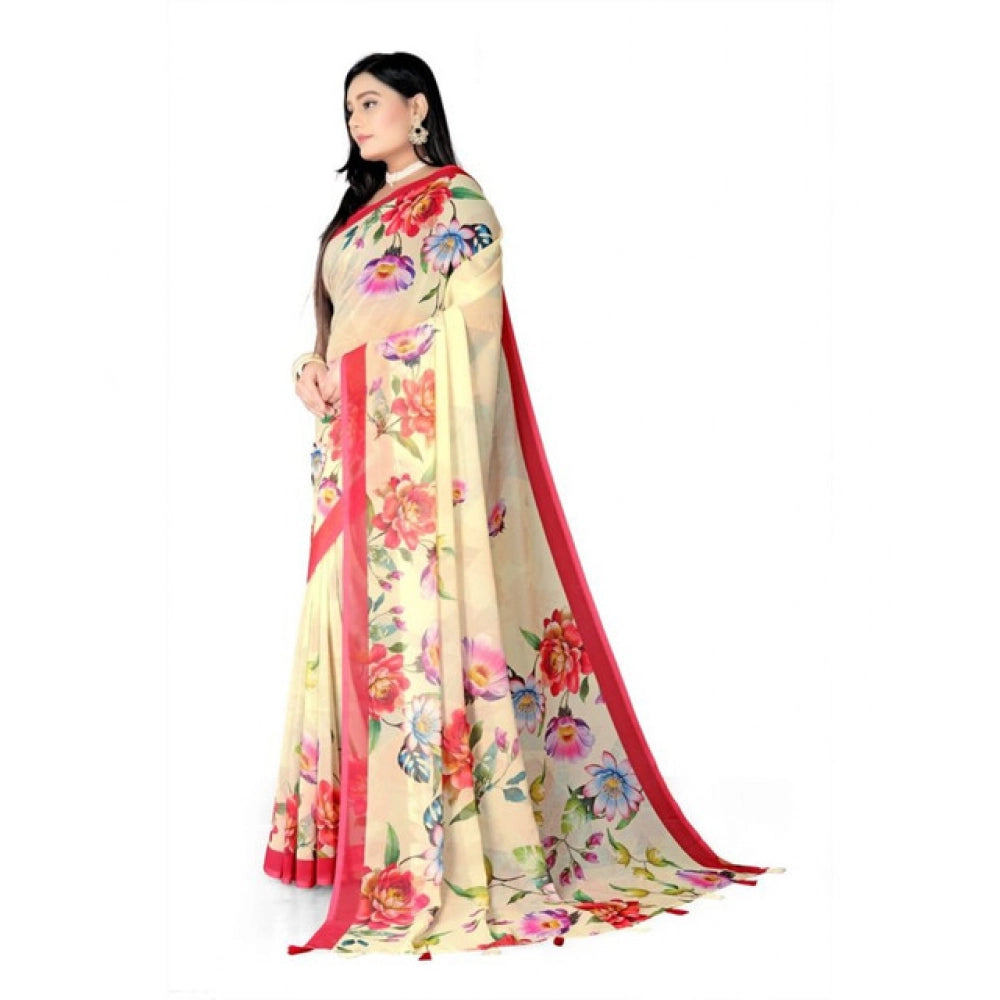 Snuggle Spot Women's Georgette Floral Printed Saree With Unstitched Blouse 5.5Mtr (Yellow)