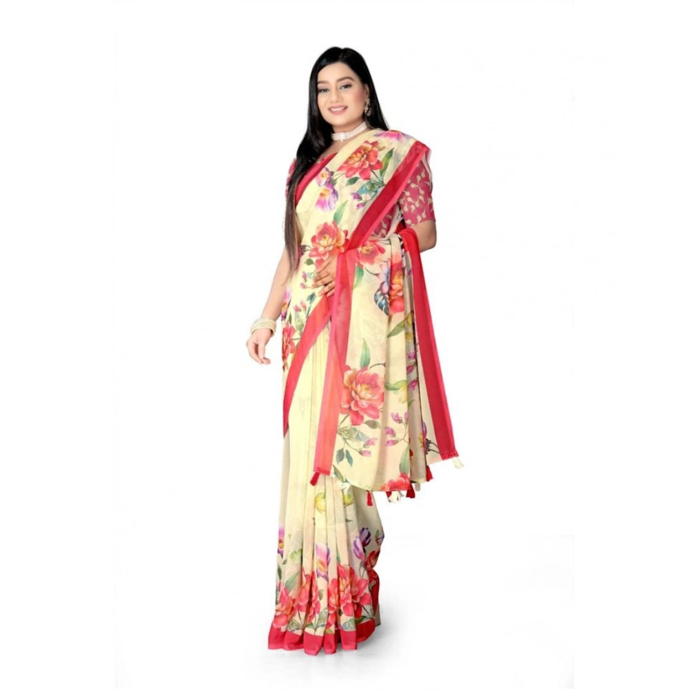 Snuggle Spot Women's Georgette Floral Printed Saree With Unstitched Blouse 5.5Mtr (Yellow)