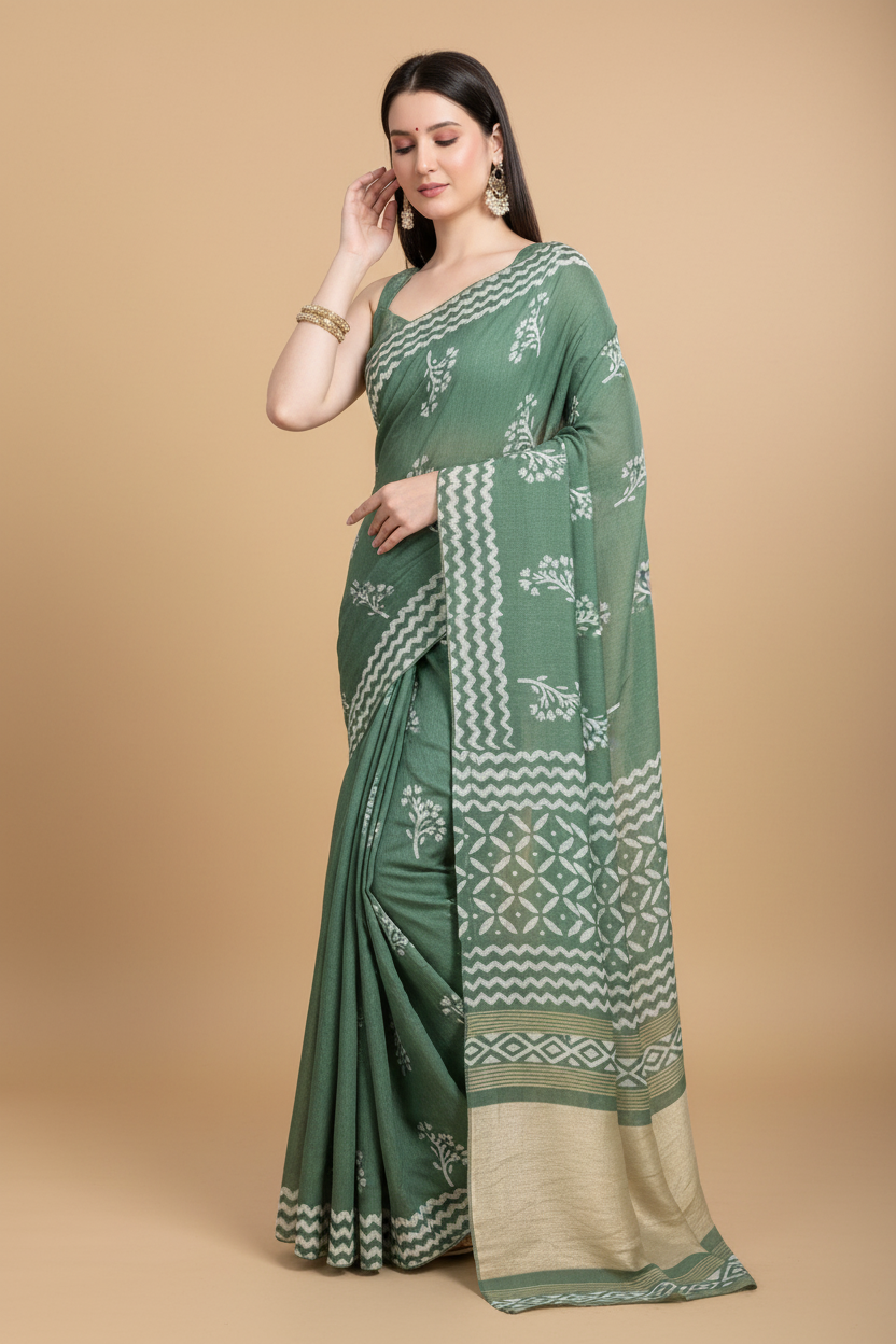 Snuggle Spot Women's Semi Cotton Printed Saree With Unstitched Blouse 5.5Mtr (Green)