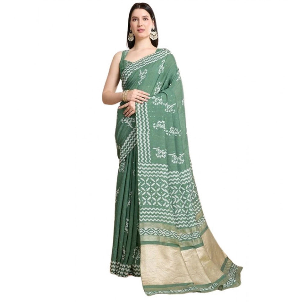 Snuggle Spot Women's Semi Cotton Printed Saree With Unstitched Blouse 5.5Mtr (Green)