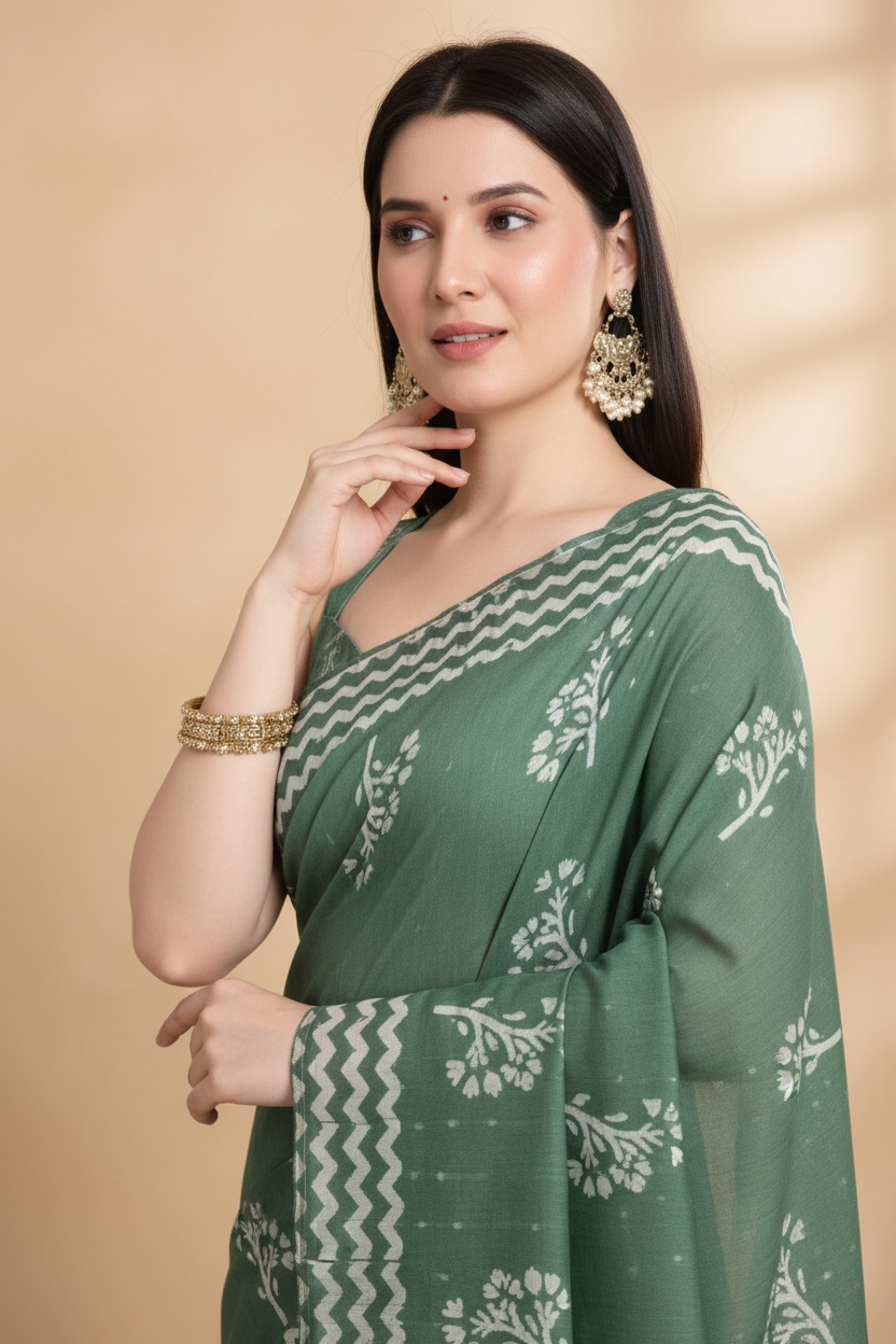 Snuggle Spot Women's Semi Cotton Printed Saree With Unstitched Blouse 5.5Mtr (Green)